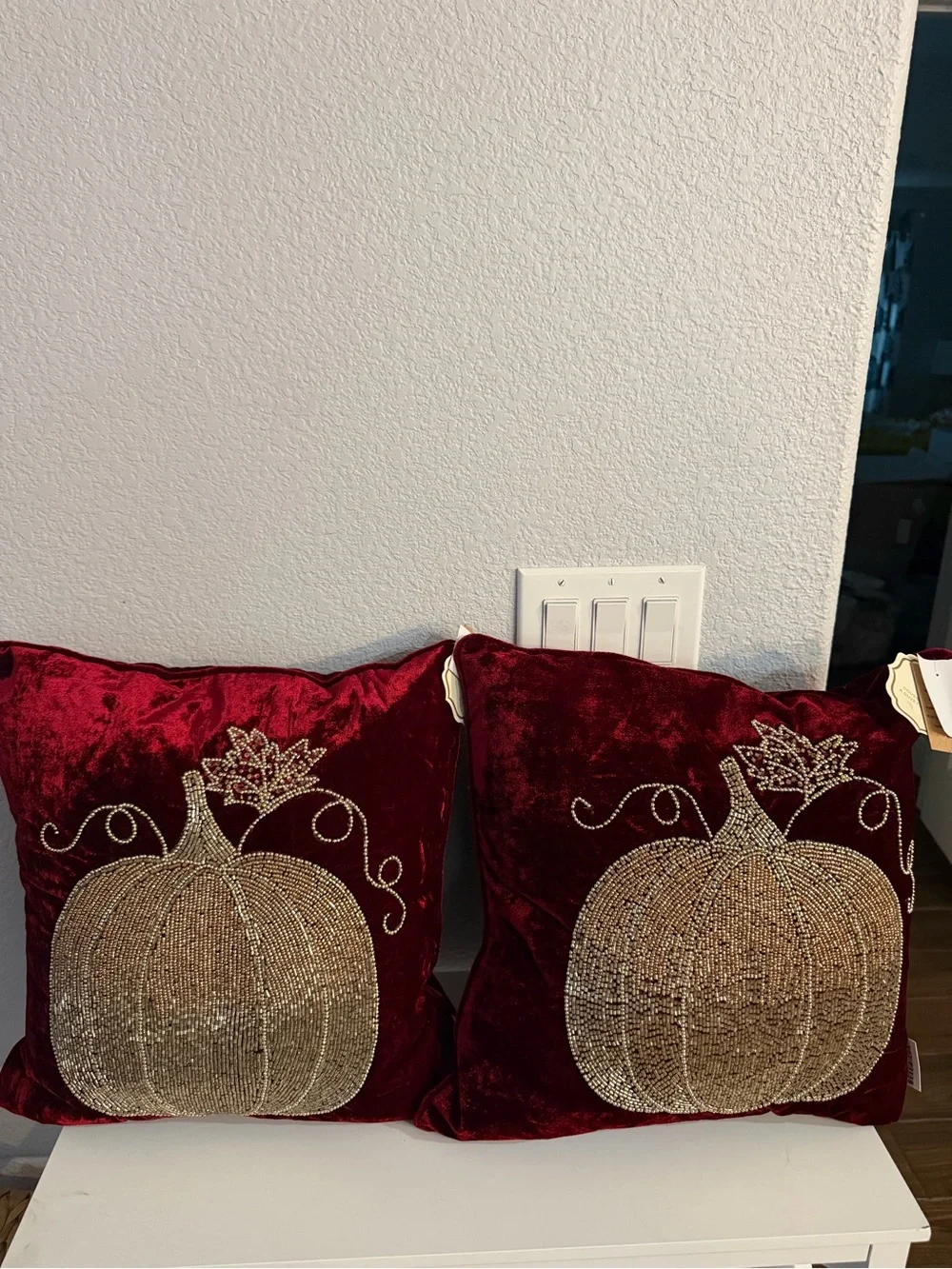 Luxurious Red Velvet Holiday Pumpkin Accent Pillow with Gold Beading